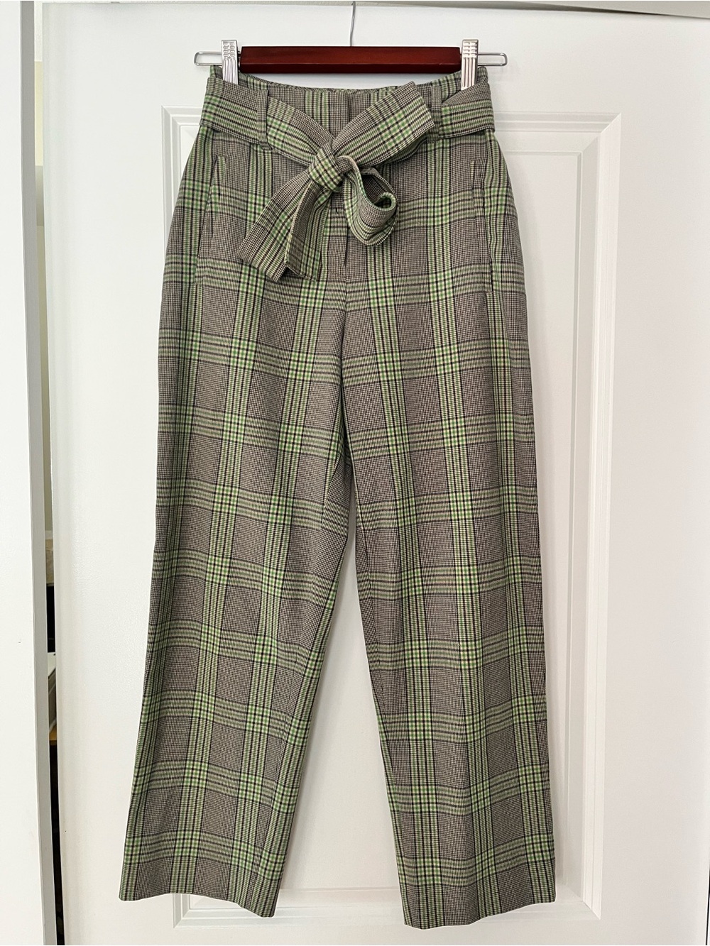 Aritzia Wilfred Tie-Front Ankle Cropped Green Plaid Pant